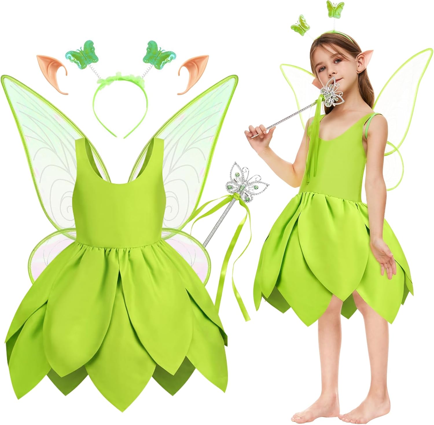 Costume Fée Clochette fille avec robe, ailes et baguette
