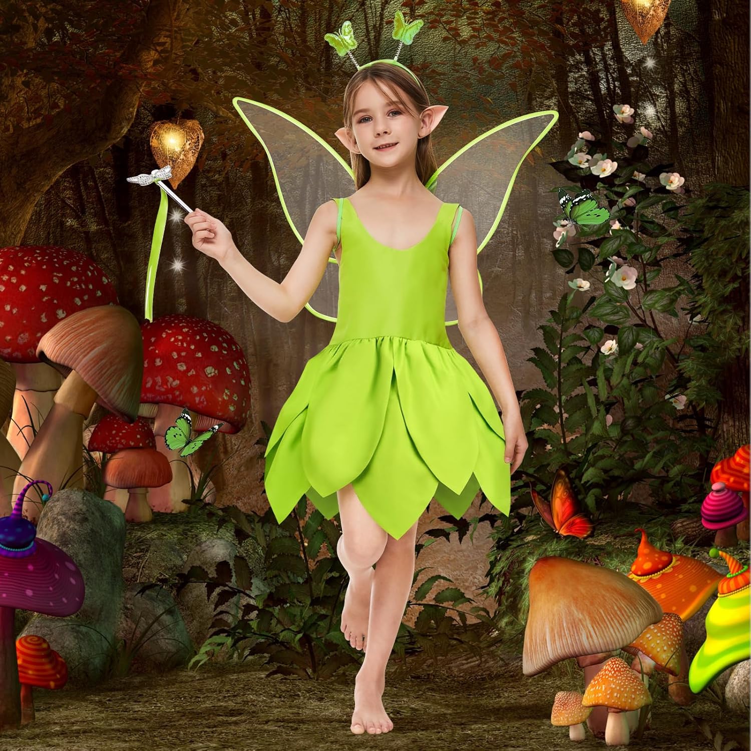 Costume Fée Clochette fille avec robe, ailes et baguette – Image 7