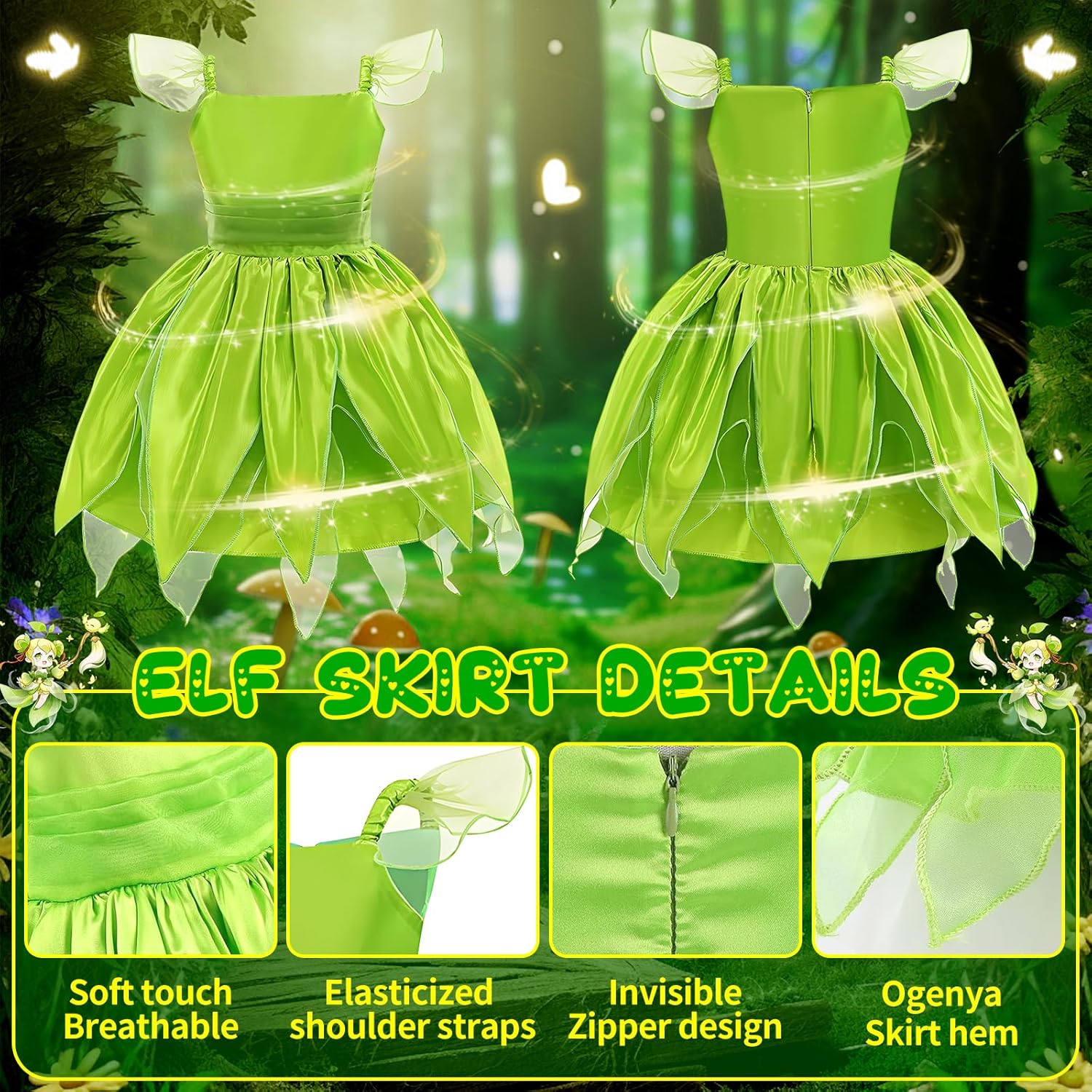 Déguisement Fée Clochette fille avec robe verte et accessoires – Image 3