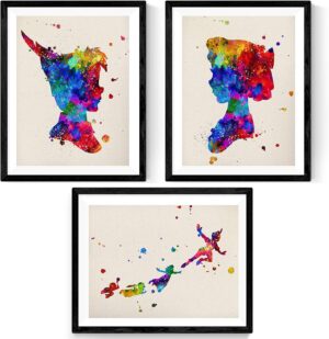 Lot de 3 affiches aquarelle A4 Peter Pan et Fée Clochette