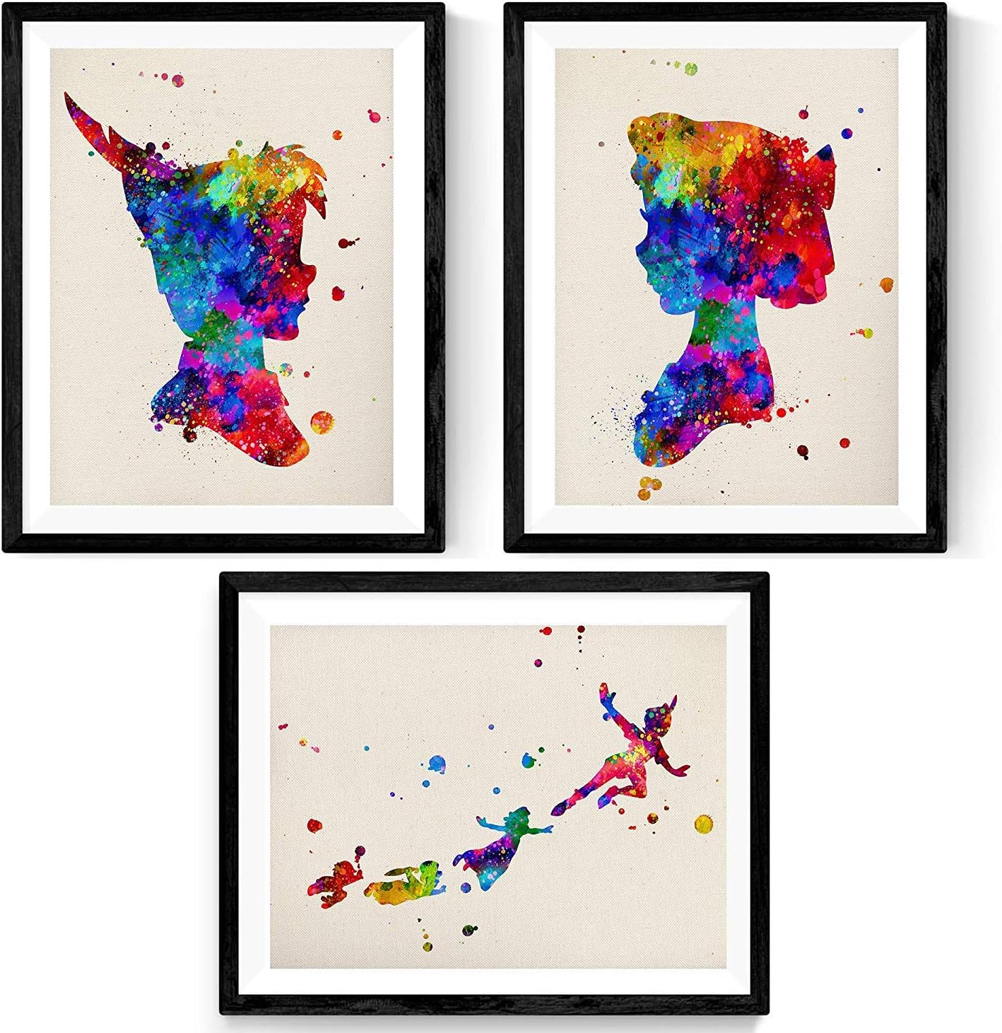 Lot de 3 affiches aquarelle A4 Peter Pan et Fée Clochette