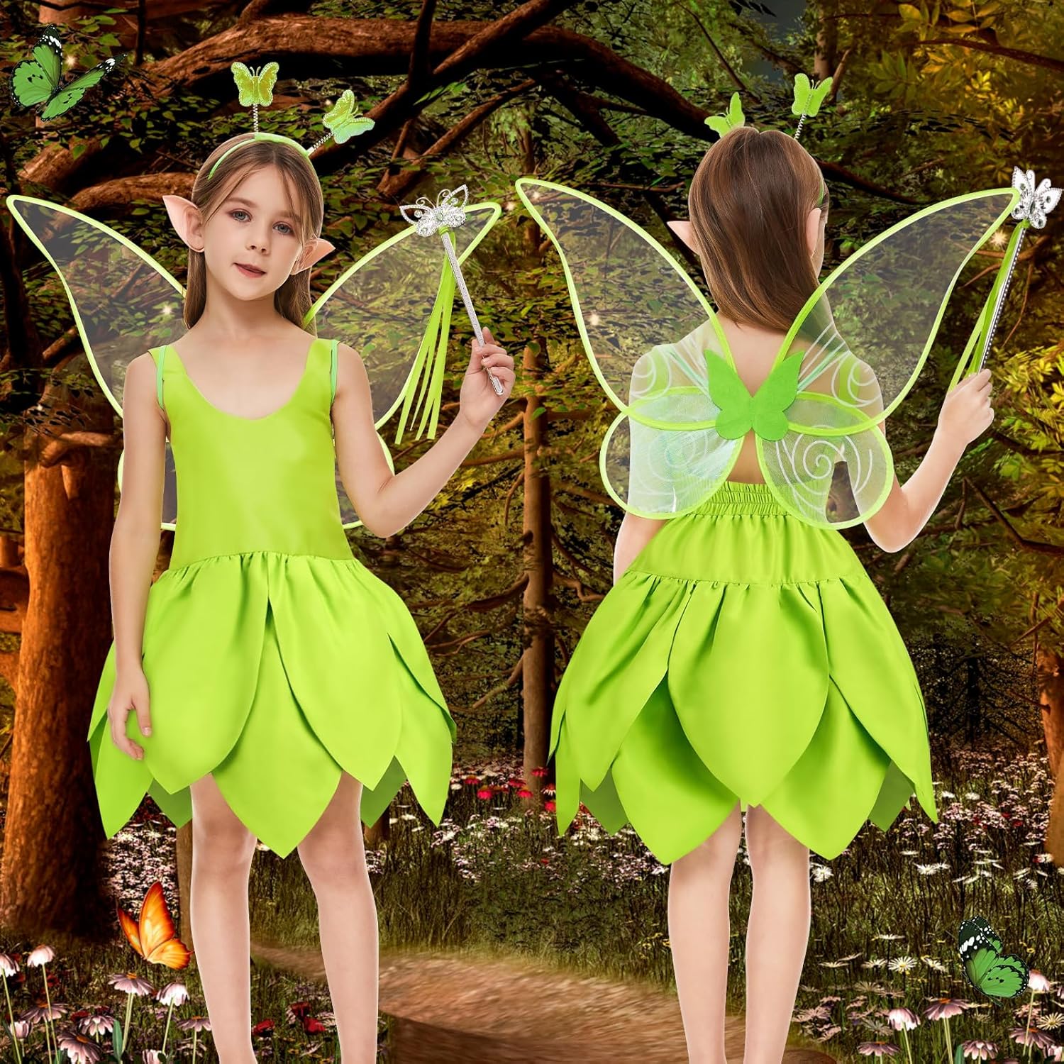 Costume Fée Clochette fille avec robe, ailes et baguette – Image 3