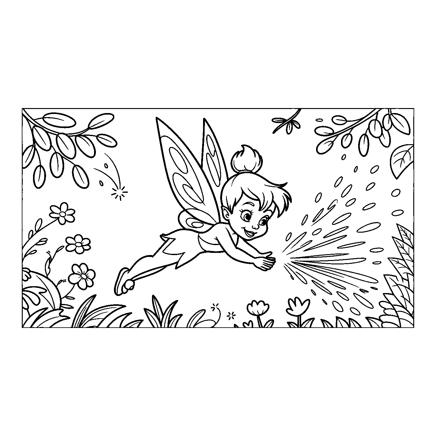 Coloriage Fée Clochette gratuit à imprimer - Clochette dans un jardin fleuri Coloriage Fée Clochette gratuit à imprimer : Clochette dans un jardin fleuri