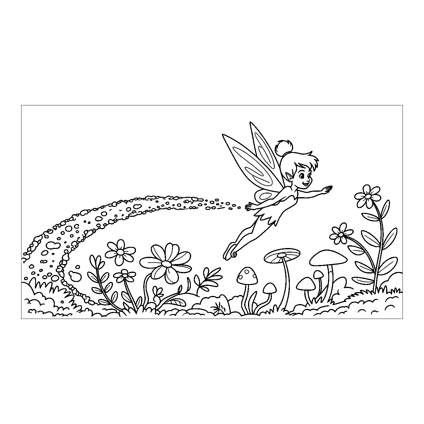 Coloriage Fée Clochette gratuit à imprimer - Clochette entourée de fleurs Coloriage Fée Clochette gratuit à imprimer : Clochette entourée de fleurs